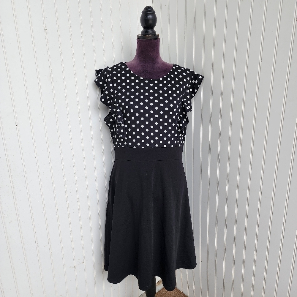 NWT iHOT Womens Black White Polka Dot Ruffle Sleeve A-Line Dress Strerch XXL